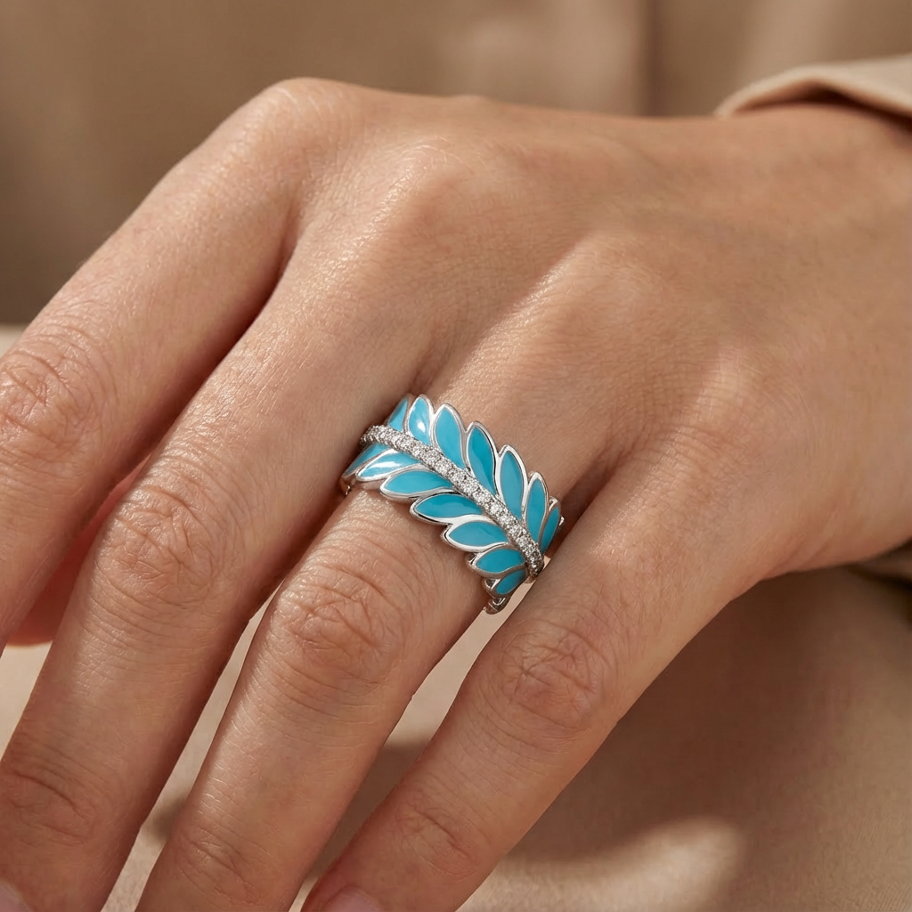 Blue Laurel Enamel Band Ring