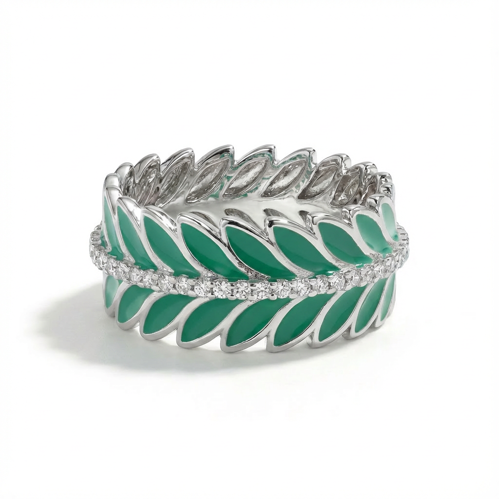 Green Laurel Enamel Band Ring
