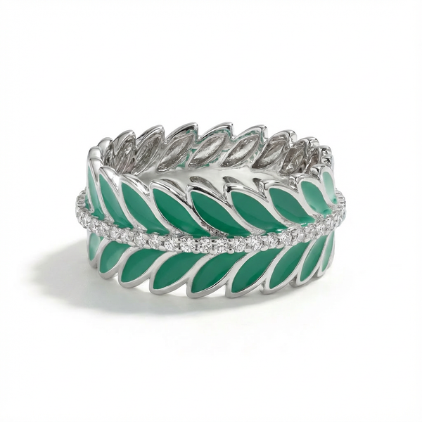 Green Laurel Enamel Band Ring